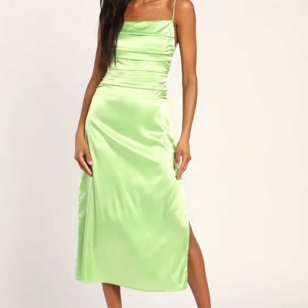 LuLu’s Glow and Behold Lime Green Satin Midi Dress